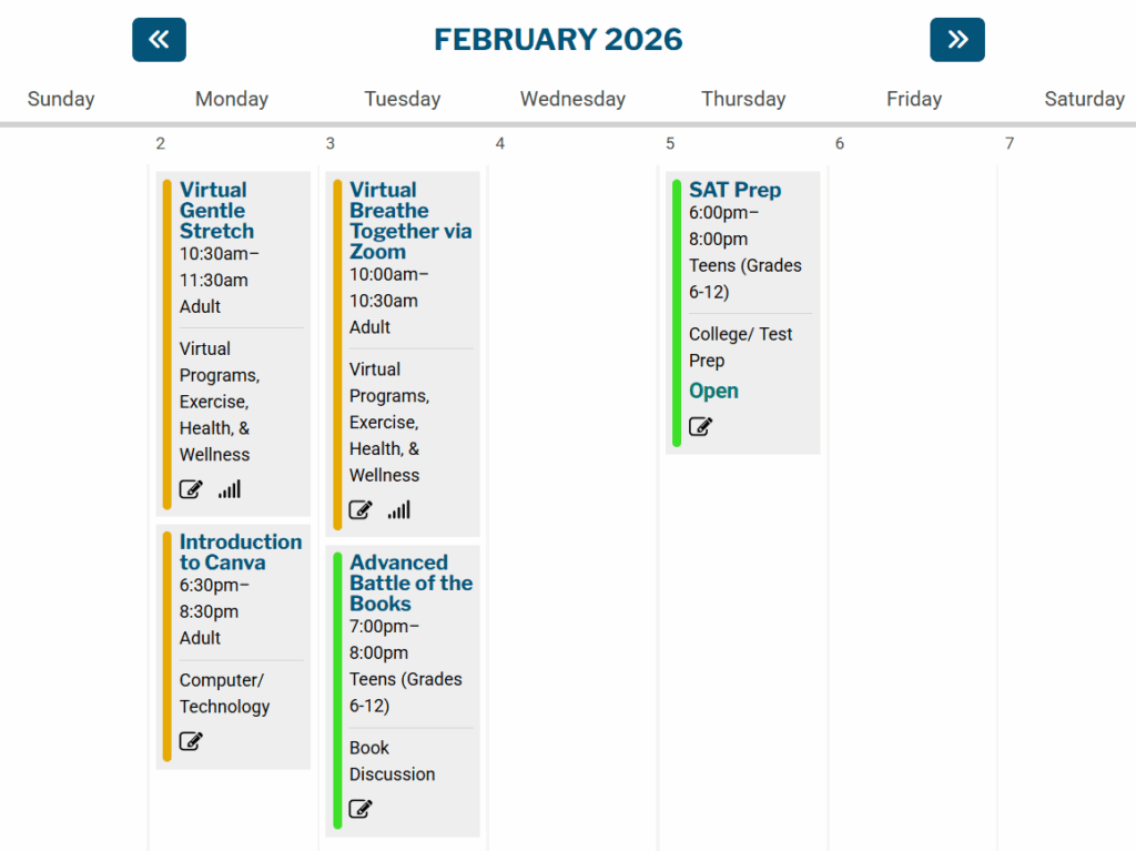 Library Program Calendar Screen Shot Preview - Monthly Calendar View
