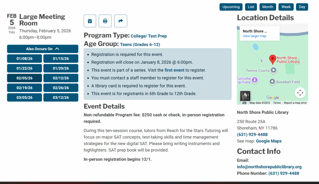 Library Program Calendar Screen Shot Preview - Program Example For Fee In-Person Registration  View