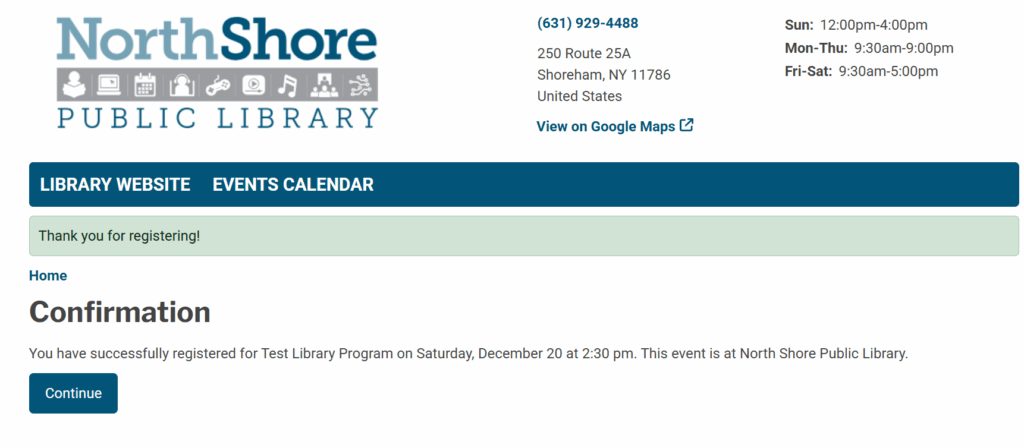 Library Program Calendar Screen Shot Preview - Registration Confirmation Screen